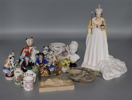 A Coalport Queen Elizabeth II porcelain figure and a collection of small porcelain figures etc